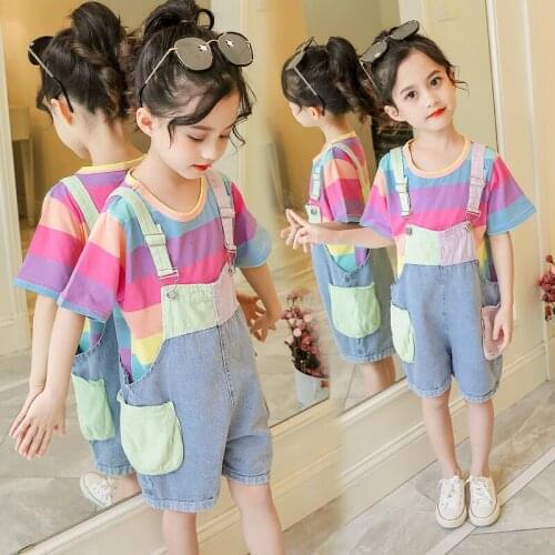 10 Options Girls Summer Overalls Suit Childrens Rainbow Striped Short Sleeve T-shirt + Denim Braces 2 Pcs Kid Cute Clothes X405