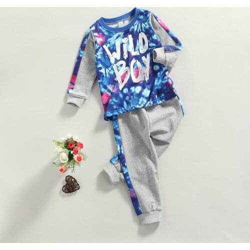 Leisure Children Contrast Color Clothes Set, Boys Tie-dye Long Sleeve O-neck T-shirt + Elastic Waist Trousers Cotton Blend