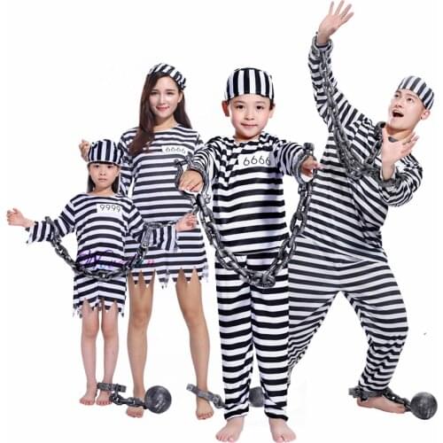 Adult Kids Striped Prisoner Costume Prison Suit Uniform Chains Family Matching Outfits Cosplay Clothes For Party Halloween