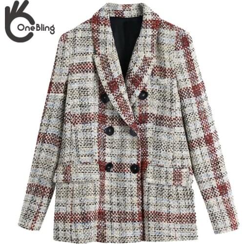 OneBling Women Autumn Winter Plaid Za Long Thick Jackets Outwear Chic Lady Stylish Double Breastd Pockets Woolen Slim Coats