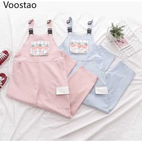 Harajuku Sweet Lolita Strap Pants Women Kawaii Plaid Strawberry Print Trousers Female Loose Overalls Girls Cute Vintage Jumpsuit