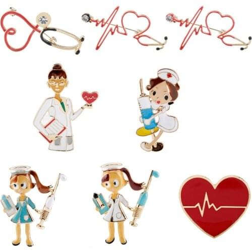 10pcs/lot Fashion Jewelry Big Nurse Doctor Brooches Hospital Medical Love Heart Stethoscope Heartbeat Shape badge Pins Gifts