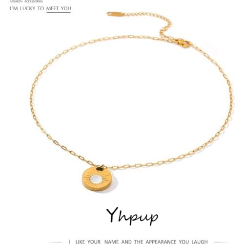 Yhpup Round Natural Shell Necklace Pendant for Women Charm Stainless Steel Fashion Necklace Temperament Collar Collares Jewelry