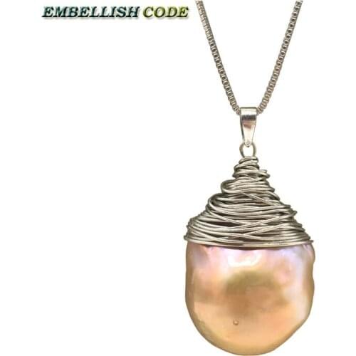 Handmade light golden purple baroque pearl flameball silver color wire pendant necklace 16'' 18'' box chain special for Lady