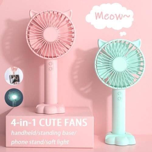 Portable USB Ventilation Fan Cute Cat Hand-Held/Desktop Fans Standing Bracket Base LED Lamp Cooler Ventilator with 18650 battery