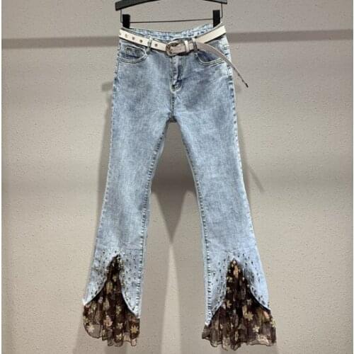 Flare Jeans Womens 2020 New Spring Autumn Slim-Fit Bell-Bottoms Beaded Floral Print Cropped Pants Jean Pants Girls Ladies Jeans