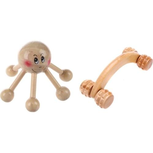 1 Pcs 6 Points Tension Relief Wood Head Scalp Massage & 1 Pcs Handheld Wooden 4 Wheels Rollers Massager Body Arm Back