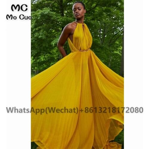 Embelished Yellow Prom Evening Dresses Long Pleat Backless Draped Chiffon Womens Evening Gown Custom Made