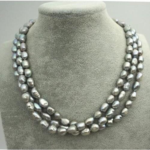 Unique Pearls Jewelry Gray Pearl Necklace 8mm Three Rows Natural Baroque Genuine Freshwater Pearl Necklace Fine Jewelry