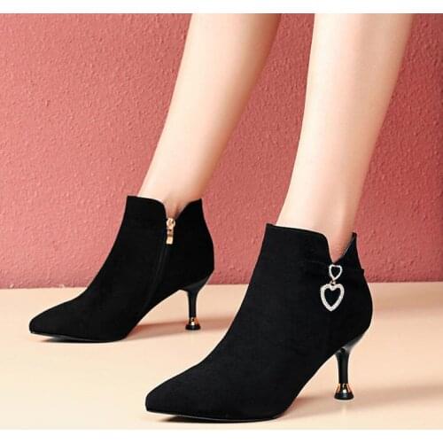 Winter Womens Boots Stiletto Women Ankle Boots New Pointed Toe Plus Velvet Nude Rhinestone Heel Ladies Boots