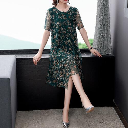 Dresses for Women 2021 New Style Vintage Short Sleeve Plus Size Elasticity Printed Mesh Midi Dress Female Party Vestidos Y895