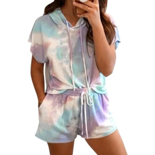 Women Tie-Dye Printed Fashion Home Casual Shorts Suit Women Two Piece Playsuits