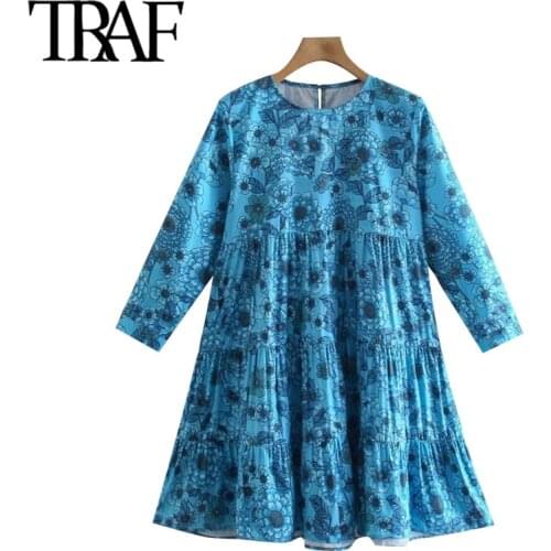 Baldauren 2021 Women Chic Fashion Floral Print Ruffled Mini Dress Vintage O Neck Three Quarter Sleeve Female Dresses Vestidos
