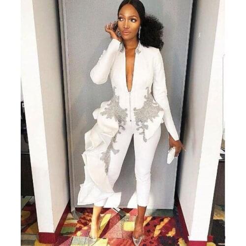 2021 Jumpsuits Prom Dresses V Neck Long Sleeve Arabic Appliqued Formal Dress Evening Gowns Tea Length Robe De Soiree