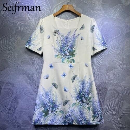 Seifrmann Summer Women Fashion Runway Party Mini Dress Short Sleeve Crystal Beading Lavender Printed High Waist A-line Dresses