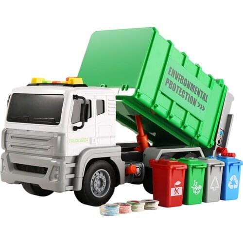 13" Garbage Truck Toy Waste Management Recycling Truck Toy Set with 4 Trash Cans, Back Bump Function, Lights & Sounds