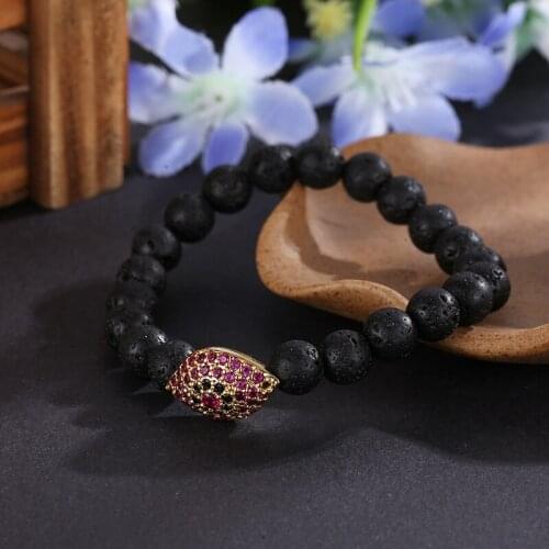 2019 Statement Black Lava Beads Bracelet Copper Micro Inset Zircon Eye Shape Fashion Elastic Bangle Jewelry for Men Women