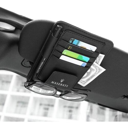 Car Sun Visor glasses Card Pen Organizer Clip For Maserati Quattroporte Ghibli Levante Logo Leather Tidying Sunshade Storage Bag