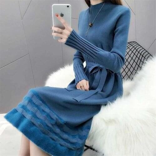 Long Knit Dress Female Autumn Winter Sweater Pullover 2019 New High Collar Thick Fashion Elegant Pleated Patchwork Dress f1338