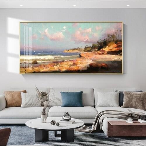 Nature Landscape Oil Painting Sunset Glow Beach Wall Art Canvas Poster Scandinavian Abstract Picture for Living Room Home Decor