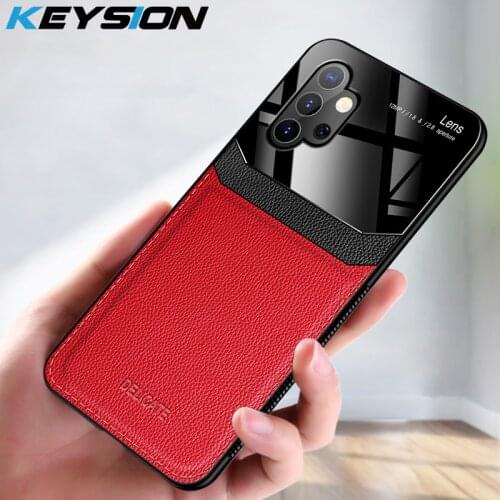 KEYSION Fashion Case for Samsung A32 5G Leather Mirror Tempered Glass Shockproof Phone Back Cover for Galaxy A72 A52 A42 A12 5G