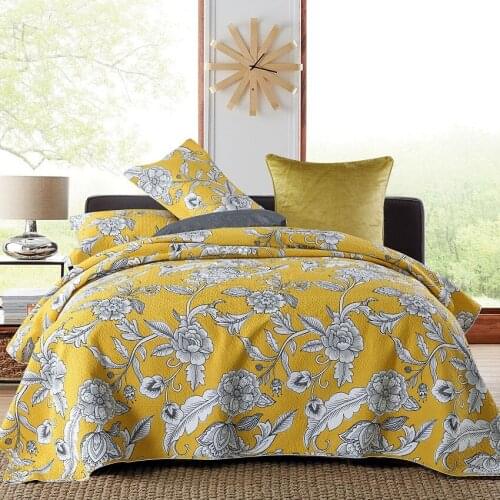 CHAUSUB Yellow Bedspread Quilt Set 3PCS Washed Cotton Printed Quilts Quilted Bed Cover Pillowcase King Queen Size Coverlet Sets
