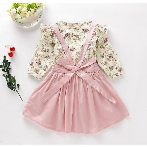 Girl Suit 2020 Autumn New ChildrenS Clothing European and American Full-Version Floral Long-Sleeved Top+Suspender Skirt 2pcs