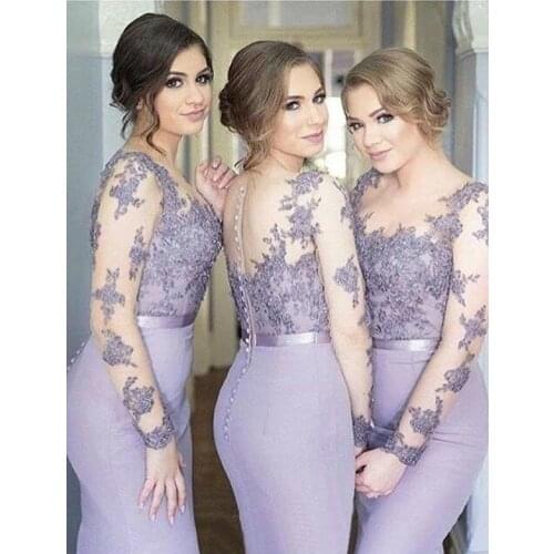 Lace Appliquce Illusion Bridesmaid Dresses Long Mermaid Formal Wedding Bridesmaid with Sleeve Wedding Guest Dress