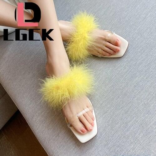 Summer Shoes Woman Feather Thin High Heels Fur Slippers Peep Toe Mules Lady Pumps Slides Shoes Variable Style Transparent Heels