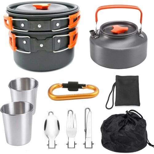 Outdoor Camping Cookware Set Outdoor Tableware Kit Picnic Pots Pans Foldable Spoon Fork Knife Kettle Camping Equipment Supplies