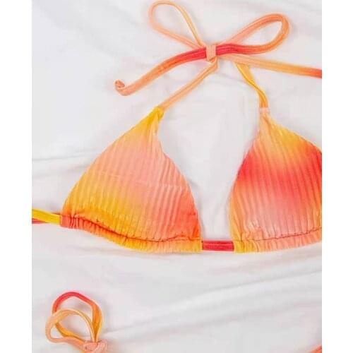 2021 new bikini multicolor knitted velvet gradient small fresh split swimsuit lace-up bikini female