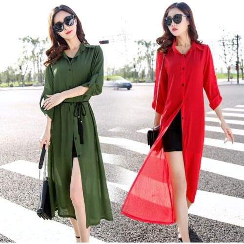 Summer Sun Protection Cardigan Women Long Blouses Super Thin Chiffon Outwear Female Blouse Shirts