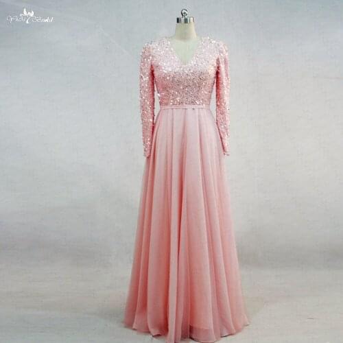 RSE721 Pink Long Sleeve Muslim Evening Dresses With Crystals