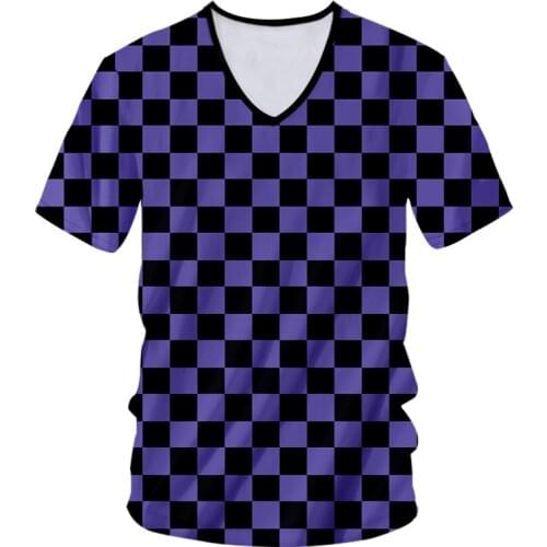 CJLM Black Purple Checkerboard V-neck Shirt 3D Print Casual Sexy Harajuku Daily Hip-hop Short Sleeved Top Men’s Oversized Plaid