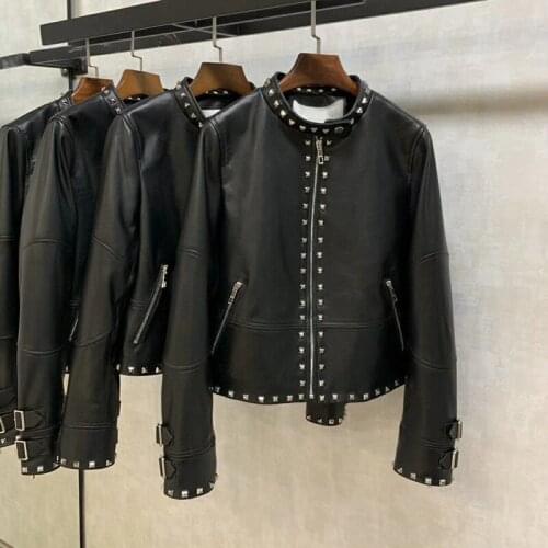 Spring Coat Women Short Clothes Import Genuine Leather Jacket New Fashion Heavy Rivet Suede High Quality O-Neck Outerwear