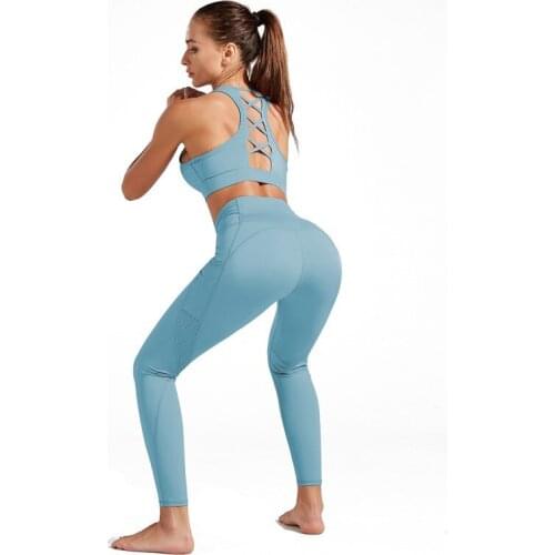 Women Yoga Suit High Waist Tight Double Sided Nylon Yoga Pants Quick Dry Pocket Sports Bra Two Piece Yoga Set Gym Clothing