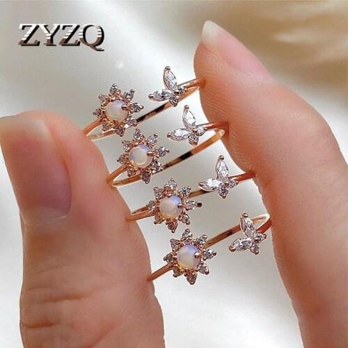 ZYZQ Sweet Knuckle Finger Rings For Women Butterfly Flower Crsytal Ring Female Weddings Gold Color Jewelry Accessories