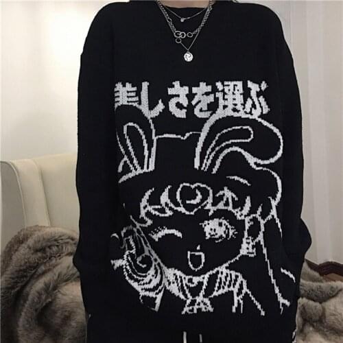 Winter Japanese Street Vintage Style Beauty Girl Straight Women Sweater Childrens Fun Cartoon Anime Jacquard Lazy Loose Sweater