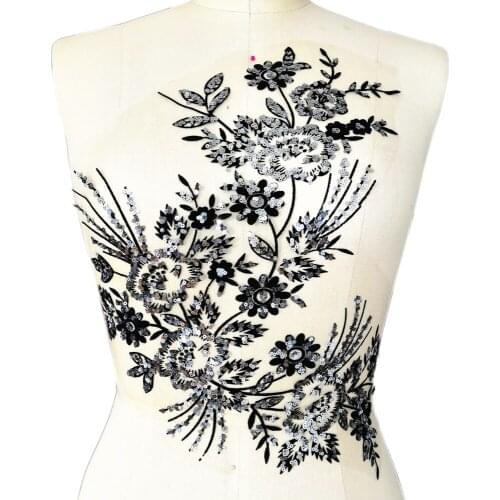 3D Lace 34x38cm Embroidered Sequins Rhinestone Silver Sew on Patches Applique for Wedding Womens Evening Clothes Dress Costumes