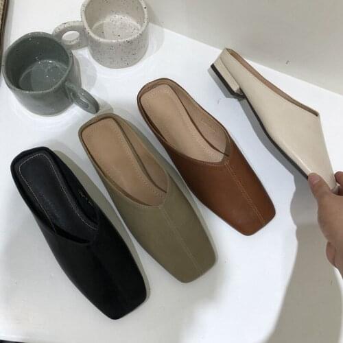 Bailamos Summer Women Slippers Square Toe Slip On Slides Soft Pu Leather Casual Mules Shallow Flat Heel Outdoor Flip Flops
