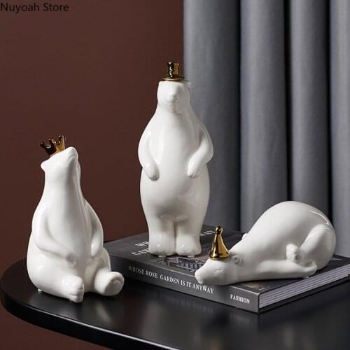 White Ceramic Polar Bear Ornaments Creative Animal Crafts Statue Modern Abstract Art Living Room Home Decoration Accessories