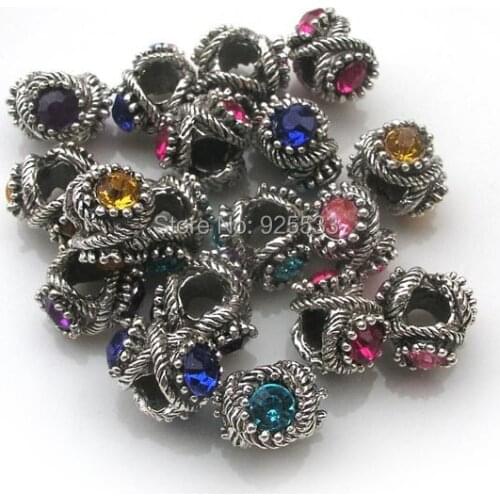 Free shipping 20pcs/lot 14mm antique silver plated alloy acrylic rhinestone big hole beads fit European bracelet Jewelry DIY