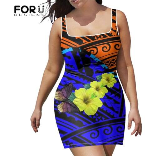 FORUDESIGNS Brand Design Polynesian Ethnic Hibiscus Butterfly Print Women Sexy Sleeveless Short Dress Female U Neck Tight Tops