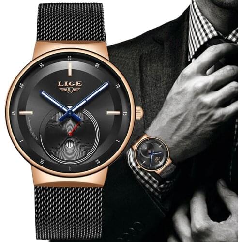 2020 LIGE Hot Fashion Mens Watches Top Brand Luxury Quartz Watch Men Casual Slim Mesh Steel Waterproof Watch Relogio Masculino