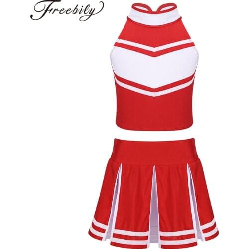 Kids Girls Cheerleader Dance Costume Sleeveless Zippered Tops with Pleated Skirt Sets for School Stage Performance Cosplay Party