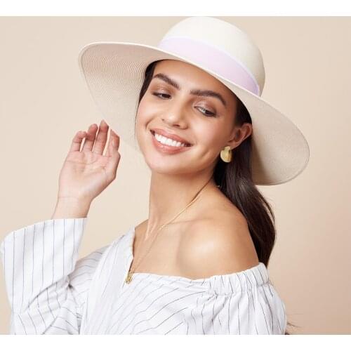 Pineapple&Star Paris Sun Beach Hat Wide Brim Paper Straw Fine Braid Bowtie UPF 50+ Ivory Pink Bonnets for Women Streetwear