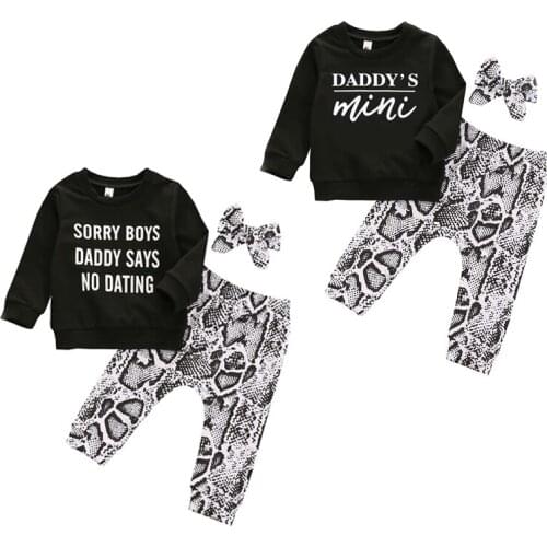 FOCUSNORM 3pcs Infant Baby Girls Clothes Sets Letter Print Pullover Sweatshirt Tops Snakeskin Trousers Pants Headband 0-4Y