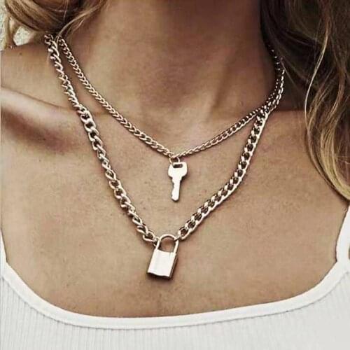 Fashion Personality Womens Necklace Creative Metal Golden Key and Lock Pendant Multi-Layer Necklace 2021 Trend New Party Gift