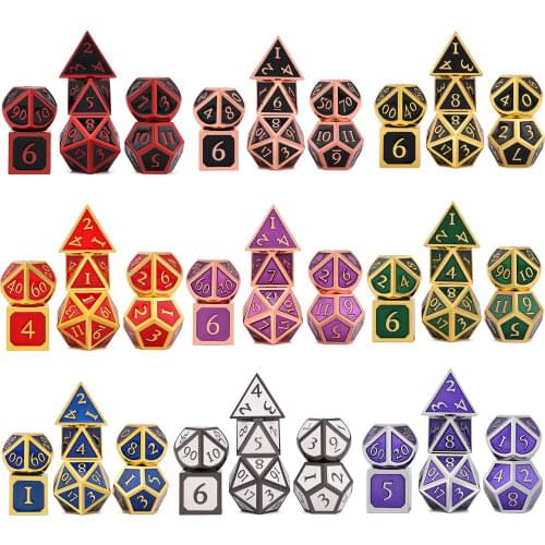 Set of 7 Metal Dice with Black Drawstring Bag for Tabletop RPGs D4 D6 D8 D10 D% D12 D20