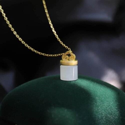 New silver inlaid natural Hetian white jade Xiangyun cylinder Pendant Necklace Chinese style retro elegant womens brand jewelry